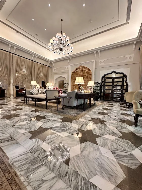 Large-format marble tile in hotel lobby — Las Vegas Strip